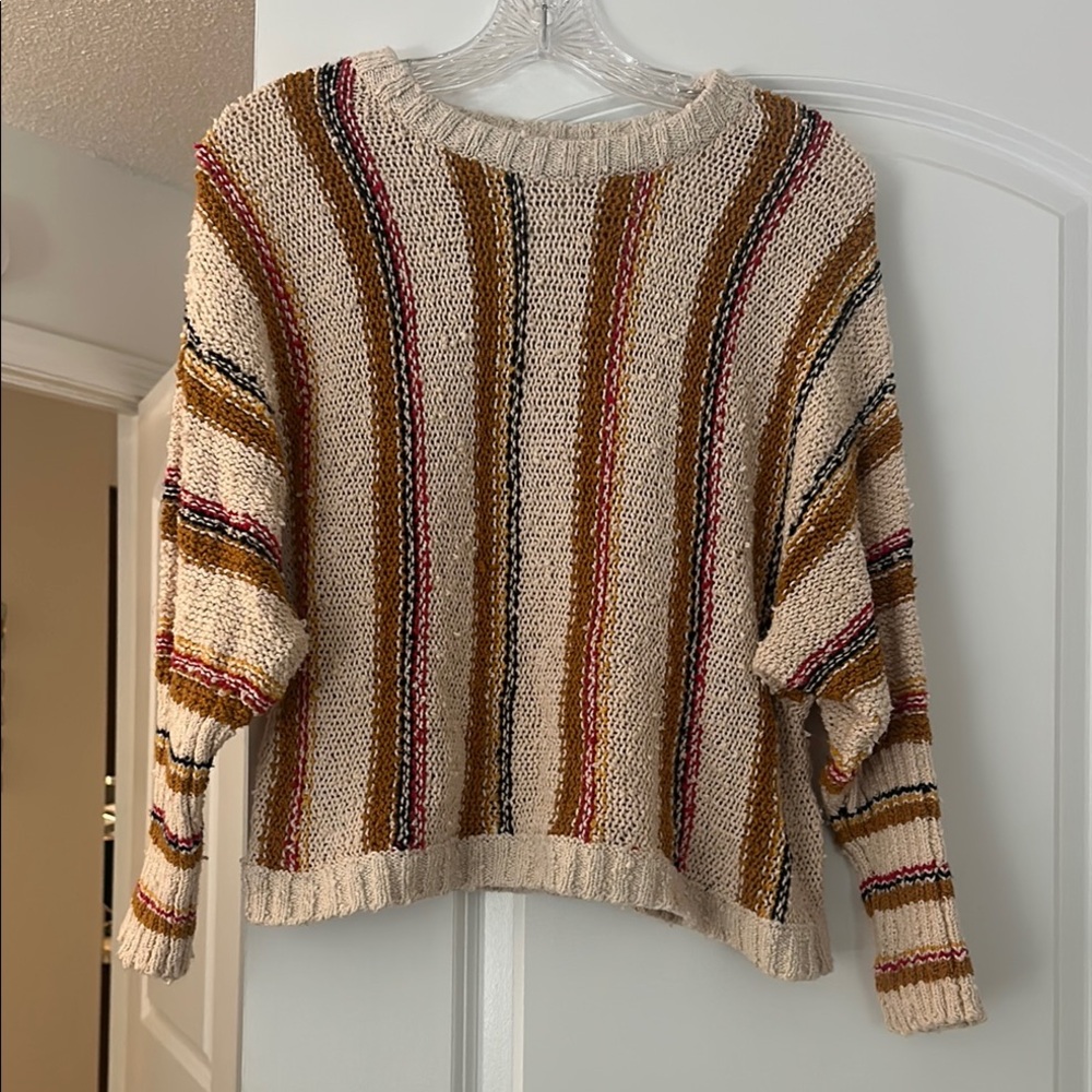 Cream and Brown Crew Neck Sweater with Textured Knit